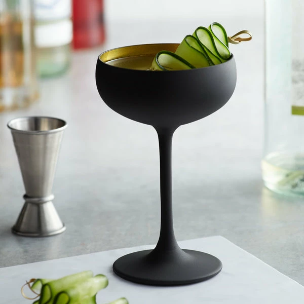 Stolzle 2730008T/2492 Glisten 8 Oz. Matte Black/Gold Coupe Glass - 6/Case 1 Stolzle 2730008T/2492 Glisten 8 Oz. Matte Black/Gold Coupe Glass - 6/Case