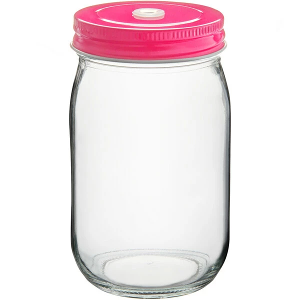 Acopa Rustic Charm 16 Oz. Drinking Jar With Pink Metal Lid With Straw Hole - 12/Case 2 Acopa Rustic Charm 16 Oz. Drinking Jar With Pink Metal Lid With Straw Hole - 12/Case - Image 2