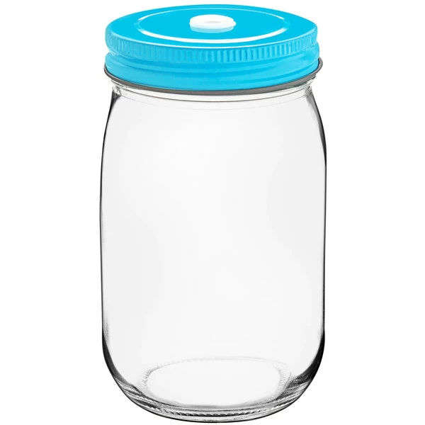Acopa Rustic Charm 16 Oz. Drinking Jar With Blue Metal Lid With Straw Hole - 12/Case 2 Acopa Rustic Charm 16 Oz. Drinking Jar With Blue Metal Lid With Straw Hole - 12/Case - Image 2